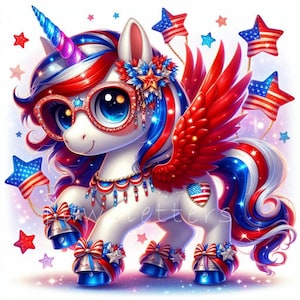 May include: A colourful illustration of a unicorn decorated in red, white, and blue, with a patriotic theme. The unicorn has star-shaped glasses, a jeweled necklace, and bows on its hooves. It has red and white striped wings and star-shaped balloons.