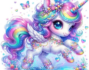 Colección de unicornios bebés en acuarela, 10 imágenes prediseñadas de unicornio en formato JPG, imágenes prediseñadas de unicornio arcoíris, unicornio bebé, unicornio mágico, uso comercial