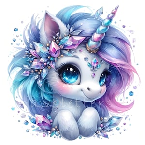 Unicorns watercolor clipart, cute unicorn 10 high quality JPG, gemstones unicorn nursery wall art, magical animal, kids party, baby shower