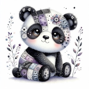 Mosaïque Patchwork Panda Delight Clipart | 10 fichiers JPEG 300 DPI de haute qualité, dessins mignons de panda, couture et artisanat, décoration de chambre de bébé matelassée panda
