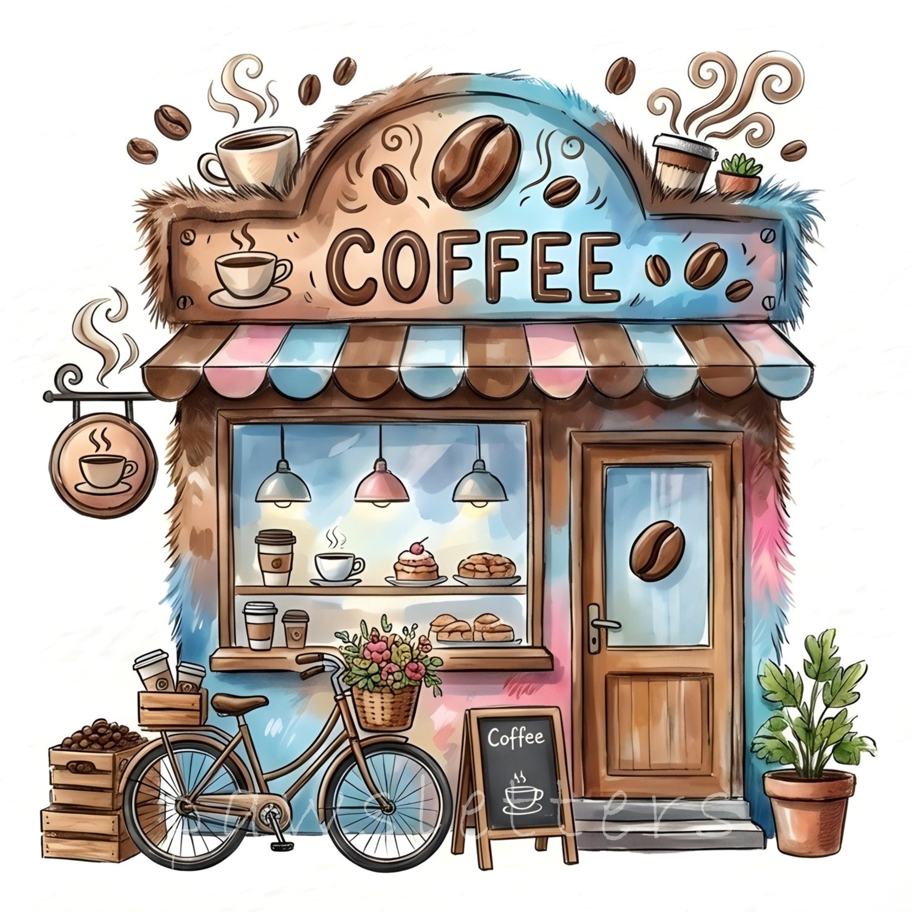 Watercolor Coffee Shop Clipart: Cozy Cafe Storefront Coffee Lover Art ...