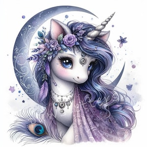 Moonlit Gypsy Unicorn Clipart Bundle 10 High Res JPGs, Watercolor Boho Cute Unicorn Clip art, Card Making, Junk Journals, Fantasy, Whimsical