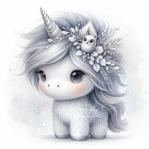 Clip art licorne harfang des neiges 10 fichiers JPG aquarelle haute résolution pour journal indésirable, scrapbooking, fabrication de cartes, téléchargement numérique, hiver fantaisie, fantaisiste