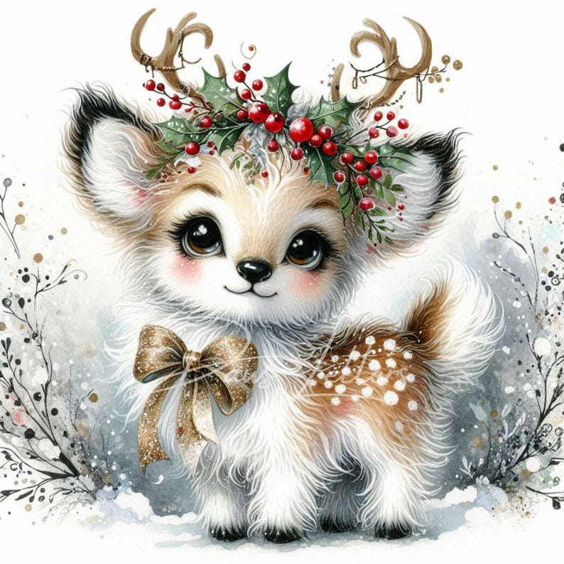 Christmas Reindeer Fawn Clip Art 10 High Res Watercolor Jpgs Winter ...