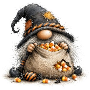 May include: A gnome wearing a black and orange striped hat with patches, holding a burlap sack filled with candy corn. The sack has a hole revealing more candy corn, and a striped candy sits on the ground. The gnome has a long gray beard.