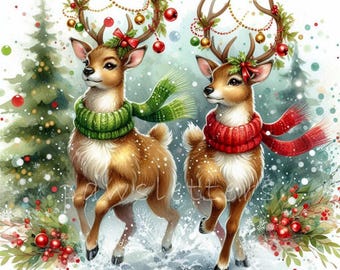 May include: Two brown deer with antlers decorated with green and red Christmas ornaments and garlands, wearing green and red scarves, standing in a snowy winter forest scene.