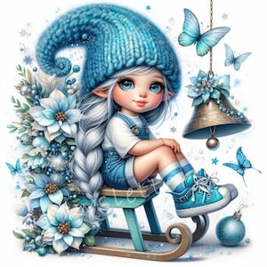 Gnomos de trineo de regalo Clipart 10 JPG de acuarela de alta resolución Encantadores gnomos navideños, tarjetas navideñas, etiquetas de regalos para vacaciones de invierno, impresiones navideñas