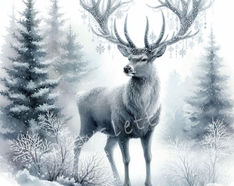 Frost-Covered Forest Stag Clip Art 10 High Res Watercolor JPGs Christmas Woodland Animals, Festive Forest Images, Holiday Cozy Graphics