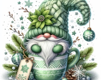 Winter Gnome Clipart | Set of 10 | High Quality 300 DPI JPEGs | Watercolor Green Christmas Gnomes | Gnome Christmas Card Making, Printables