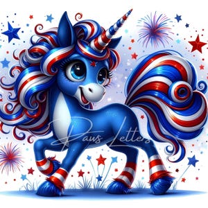 Quirky Patriotic Unicorn Clip Art 10 High Res Watercolor JPGs Junk Journaling, Scrapbook, Card Making, Digital Download, Fantasy, Whimsical