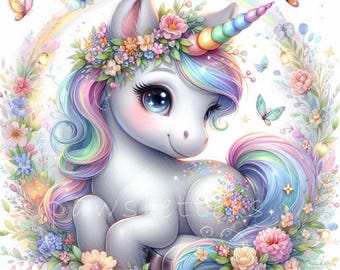 May include: A white unicorn with a rainbow mane and tail, wearing a flower crown. The unicorn is surrounded by flowers and a rainbow.