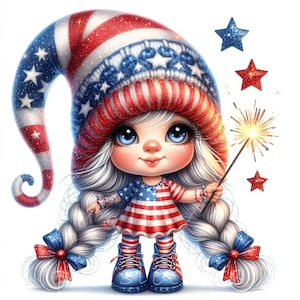 Gnome du 4 juillet Clipart | Lot de 10 | JPEG 300 ppp haute qualité | Art patriotique de gnome | Nain drapeau américain | Fête de l'indépendance des États-Unis