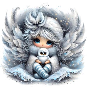 Snowy Owl Keeper Clipart, Whimsical Home Decor, Gift For Her, Kitchen, Bedroom, Bathroom, Living Room, Entry way, House Warming, Commercial Use Whimsical Ephemera, Fantasy Junk Journal, Cute Dolls Paper Craft, Snow owl art print, art poster, bedroom wall art, for her, gallery wall art, gift idea, home wall decor, illustration print, kitchen art print, living room decor, owl illustration, quirky girl clipart, junk journal cute girl clipart, cozy winter clipart, winter wonderland, snow winter png