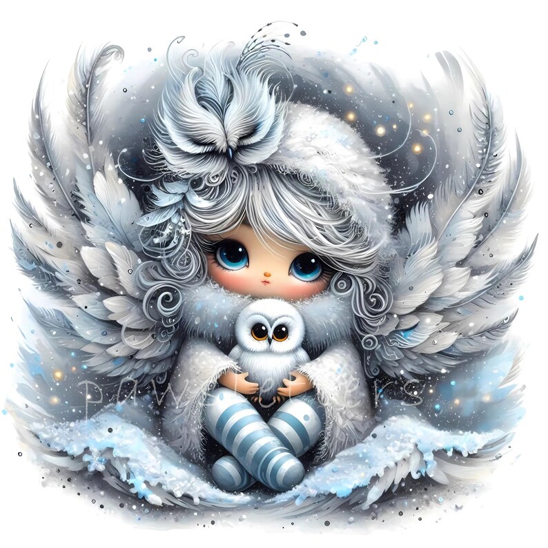 Snowy Owl Keeper Clipart, Whimsical Home Decor, Gift For Her, Kitchen, Bedroom, Bathroom, Living Room, Entry way, House Warming, Commercial Use Whimsical Ephemera, Fantasy Junk Journal, Cute Dolls Paper Craft, Snow owl art print, art poster, bedroom wall art, for her, gallery wall art, gift idea, home wall decor, illustration print, kitchen art print, living room decor, owl illustration, quirky girl clipart, junk journal cute girl clipart, cozy winter clipart, winter wonderland, snow winter png