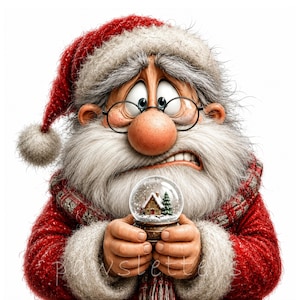 Könnte beinhalten: Eine Zeichentrickfigur des Weihnachtsmanns mit besorgtem Gesichtsausdruck, die eine rote Mütze mit weißem Bommel und einen roten Pullover trägt. Er hat einen dichten weißen Bart, eine runde Brille und hält eine kleine Schneekugel aus Glas.