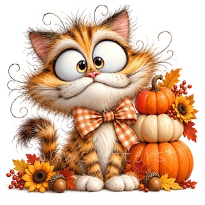 Könnte beinhalten: Eine flauschige orangefarbene getigerte Katze mit großen Augen trägt eine orange-weiß karierte Fliege und sitzt neben einem Stapel aus drei Kürbissen, Sonnenblumen, Herbstblättern, roten Beeren und zwei Eicheln, mit dem Text pawsletters.