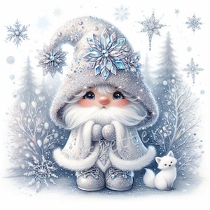 Gnomos de copos de nieve de cristal (10 imágenes en acuarela de alta resolución) - Gnomo de invierno, tarjetas navideñas de gnomo de nieve, etiquetas para regalos de invierno