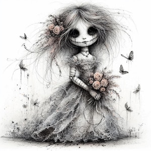 Zombie Bride Doll Clipart | Set of 10 High Quality 300 DPI JPEGs | Gothic Halloween Dolls Clipart, Gothic Decor, Journal Dark Art Printables