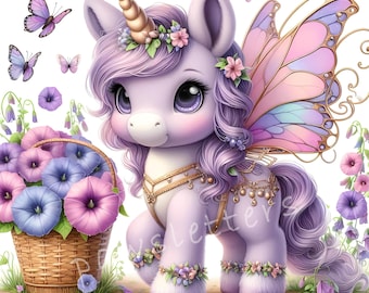 May include: A purple unicorn with a golden horn and fairy wings. The unicorn is wearing a gold necklace and a flower crown. The unicorn is standing on a white background with flowers and butterflies.