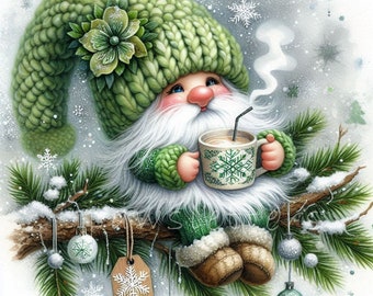 Winter Gnome Clipart | Set of 10 | High Quality 300 DPI JPEGs | Watercolor Green Christmas Gnomes | Gnome Christmas Card Making, Printables