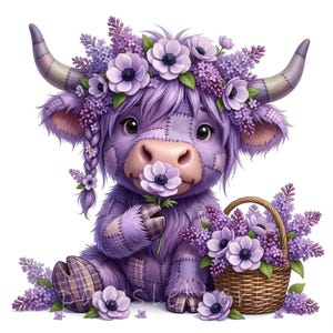 May include: A whimsical purple Highland cow illustration. The cow is adorned with a floral crown and a braid, holding a flower. A basket of flowers sits beside it. The cow has a patchwork design and is sitting down.