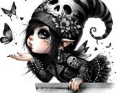 Rock and Roll Valentine Gnome: Tattoo Flash Art, Edgy Skull Butterfly Clipart (Digital Download - 10 JPGs)
