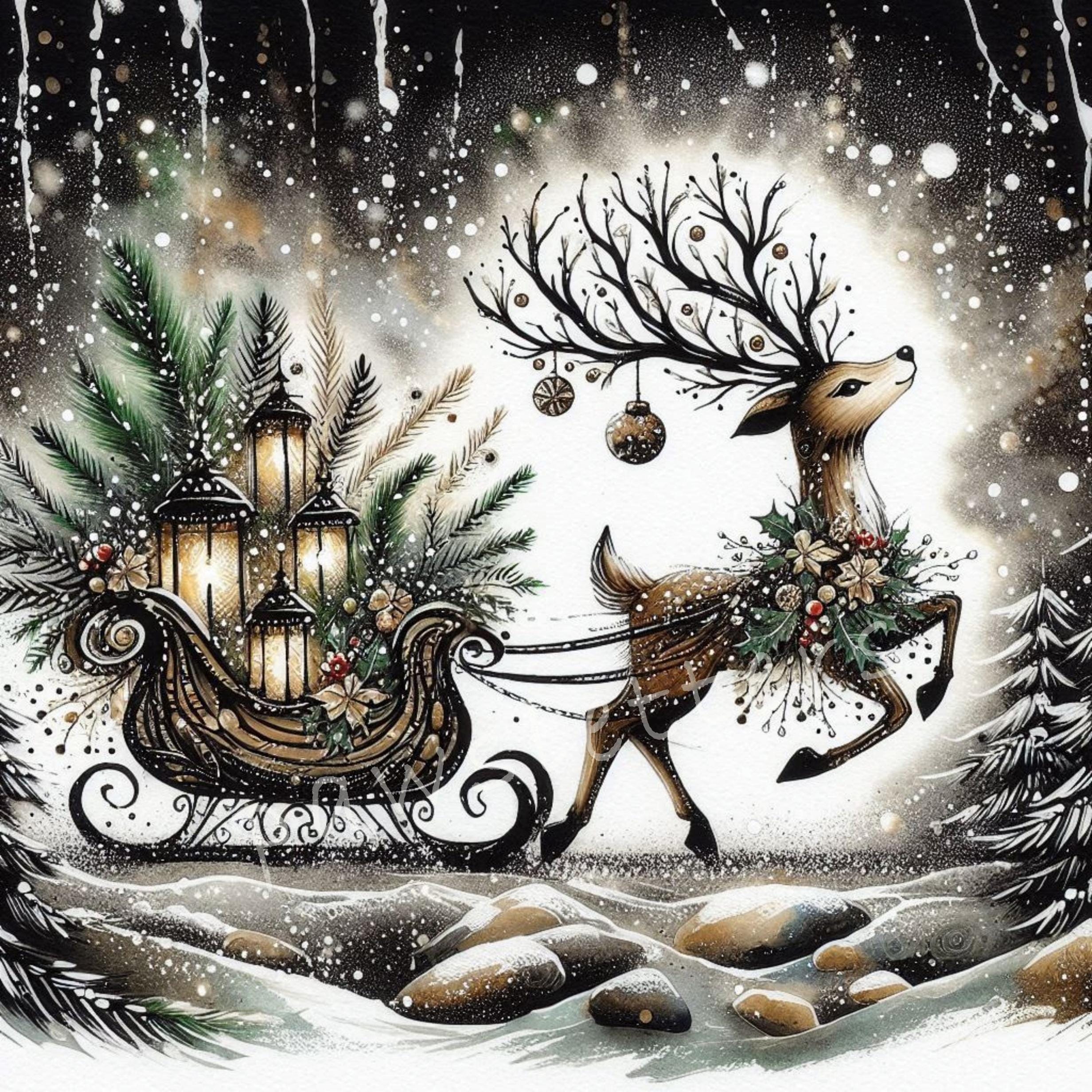 Woodland Reindeer Sleigh Clipart 10 High Res Watercolor Jpgs Christmas ...