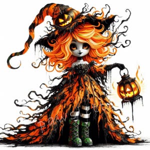 May include: A whimsical Halloween illustration of a witch with orange hair and a matching hat with a carved pumpkin. She wears a black and orange dress and holds a lantern with a glowing pumpkin face. Green boots complete the look.