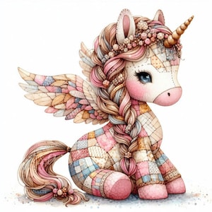 Patchwork Unicorn Clipart | 10 High Quality 300 DPI JPEGs | Quilted Stuffed Animal | Quilt | Sewing & Craft Designs | Quilted Printable Art