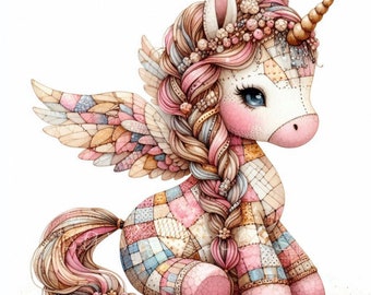Patchwork Unicorn Clipart | 10 High Quality 300 DPI JPEGs | Quilted Stuffed Animal | Quilt | Sewing & Craft Designs | Quilted Printable Art