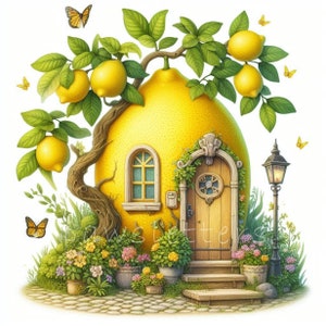 Lemon Fairy House Clipart | Set of 10 | High Quality 300 DPI JPEGs | Fairy Fruit House Clipart | Creative Digital Paper Craft & Nursery Art