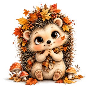 May include: A cartoon hedgehog with large brown eyes, wearing a plaid scarf with a heart-shaped pendant. The hedgehog is surrounded by orange and yellow autumn leaves, red berries, and small mushrooms on a white background.