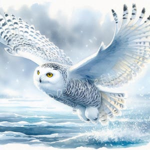 Snowy Owl in Flight Clipart 10 High Res Watercolor JPGs for Junk Journal, Scrapbook, Christmas Cards, Digital Download, Winter Holiday Art