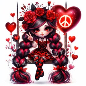 Clipart di gnomi di San Valentino 10 JPG ad alta risoluzione in acquerello Stampe artistiche di gnomi della pace, gnomo carino con il segno della pace punk, uso commerciale, grafica hippie