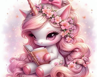 Könnte beinhalten: Ein pinkfarbenes Einhorn mit einem goldenen Horn und einer rosa Blütenkrone sitzt auf einer glitzernden Oberfläche und liest ein Buch. Das Einhorn hat große, rosafarbene Augen und eine lange, fließende, rosafarbene Mähne.