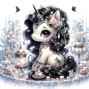 Tee-Party süße Einhorn Clipart, kommerzielle Nutzung, Aquarell Baby Einhorn, Kawaii Einhorn, sofortiger Download, Fantasy Junk Journal, Papiermodelle
