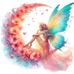 Clipart fée amour au clair de lune, 10 fichiers JPG aquarelle haute résolution, fée de la Saint-Valentin, fleurs printemps Clipart, téléchargement numérique forêt enchantée, Floral