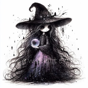 May include: A black and white illustration of a witch with long black hair wearing a black pointed hat and holding a crystal ball. The witch is wearing a purple dress with a black bodice. The background is white.
