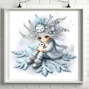 Snowy Owl Keeper Clipart, Whimsical Home Decor, Gift For Her, Kitchen, Bedroom, Bathroom, Living Room, Entry way, House Warming, Commercial Use Whimsical Ephemera, Fantasy Junk Journal, Cute Dolls Paper Craft, Snow owl art print, art poster, bedroom wall art, for her, gallery wall art, gift idea, home wall decor, illustration print, kitchen art print, living room decor, owl illustration, quirky girl clipart, junk journal cute girl clipart, cozy winter clipart, winter wonderland, snow winter png