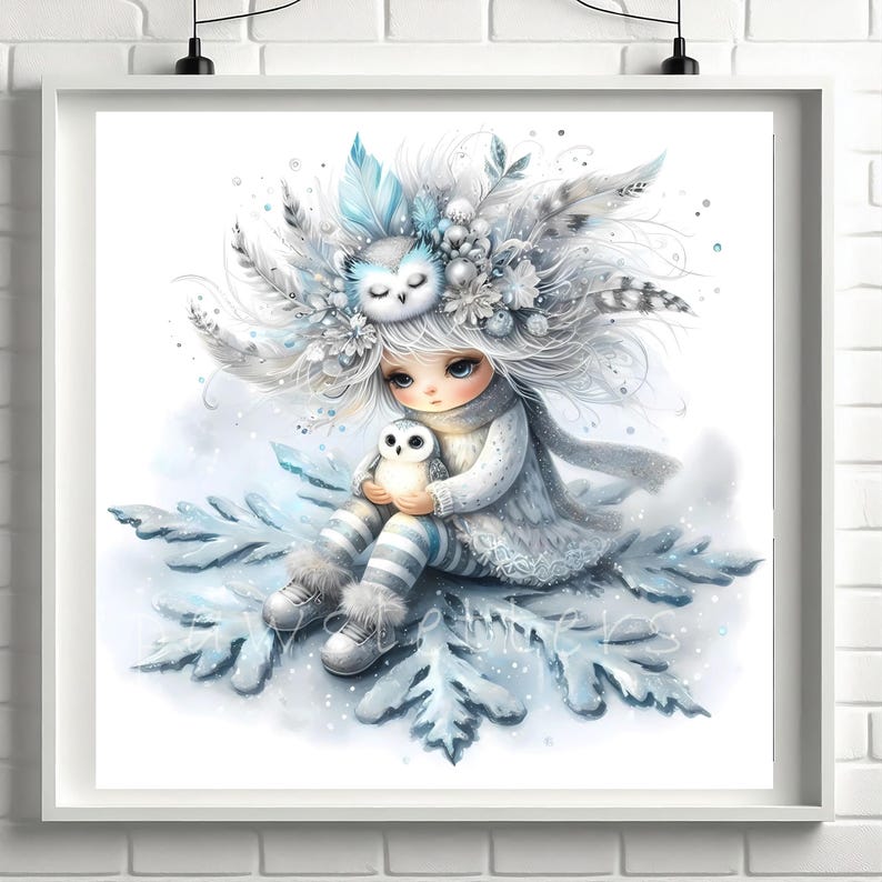 Snowy Owl Keeper Clipart, Whimsical Home Decor, Gift For Her, Kitchen, Bedroom, Bathroom, Living Room, Entry way, House Warming, Commercial Use Whimsical Ephemera, Fantasy Junk Journal, Cute Dolls Paper Craft, Snow owl art print, art poster, bedroom wall art, for her, gallery wall art, gift idea, home wall decor, illustration print, kitchen art print, living room decor, owl illustration, quirky girl clipart, junk journal cute girl clipart, cozy winter clipart, winter wonderland, snow winter png