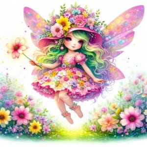 10 images JPG aquarelles haute résolution, fleurs printanières, clipart fées de printemps, illustration de fées, imprimés fantastiques, usage commercial