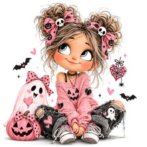 May include: A cartoon illustration of a character with messy blonde hair in double buns, wearing a pink pumpkin-print sweater and distressed black jeans. The character is surrounded by a pink ghost, a pink jack-o'-lantern, bats, and hearts.