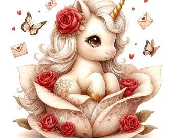 May include: A white unicorn with a gold horn sits inside a large rose with red roses around it. The unicorn has a tattoo on its leg and is surrounded by hearts and butterflies.