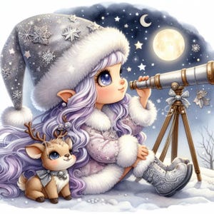Heiligabend Stargazer Wichtel Clipart 10 hochauflösende JPGs mit Aquarell JPGs und Rentier, Weihnachtskarten, Weihnachtsgeschenke Tags