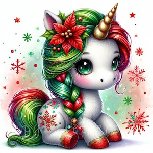 Watercolor Baby Unicorn Clipart | Set of 10 | High Quality 300 DPI JPEGs | Cute Christmas Unicorn Clipart | Winter Holidays | Commercial Use