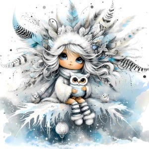 Snowy Owl Keeper Clipart, Whimsical Home Decor, Gift For Her, Kitchen, Bedroom, Bathroom, Living Room, Entry way, House Warming, Commercial Use Whimsical Ephemera, Fantasy Junk Journal, Cute Dolls Paper Craft, Snow owl art print, art poster, bedroom wall art, for her, gallery wall art, gift idea, home wall decor, illustration print, kitchen art print, living room decor, owl illustration, quirky girl clipart, junk journal cute girl clipart, cozy winter clipart, winter wonderland, snow winter png