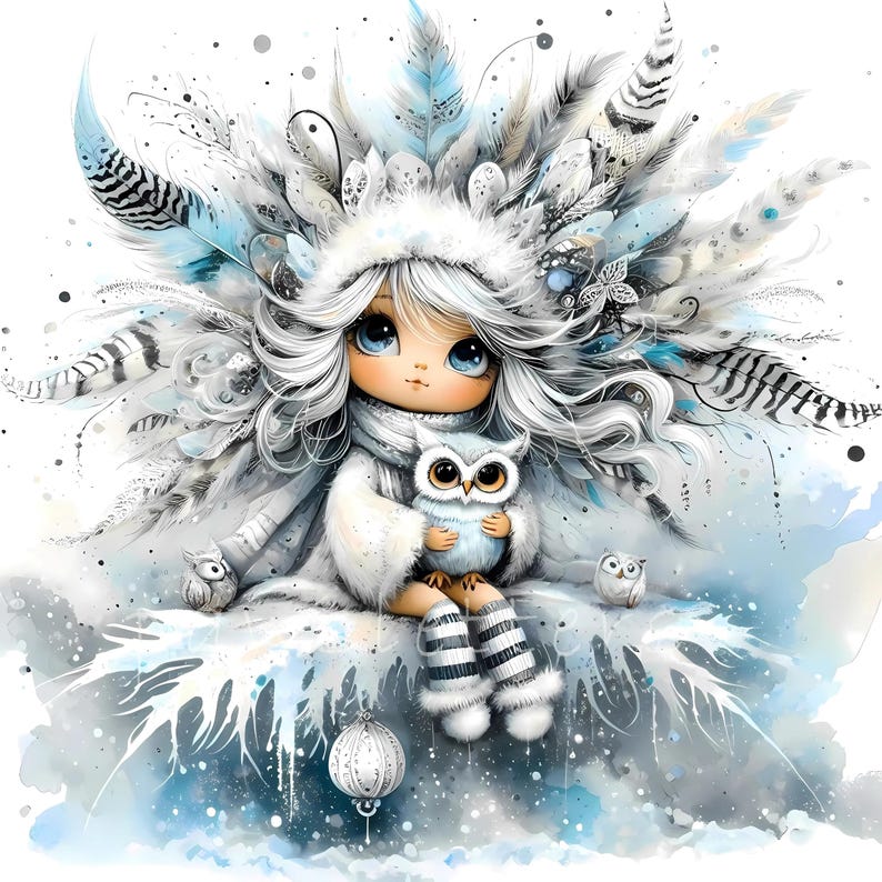 Snowy Owl Keeper Clipart, Whimsical Home Decor, Gift For Her, Kitchen, Bedroom, Bathroom, Living Room, Entry way, House Warming, Commercial Use Whimsical Ephemera, Fantasy Junk Journal, Cute Dolls Paper Craft, Snow owl art print, art poster, bedroom wall art, for her, gallery wall art, gift idea, home wall decor, illustration print, kitchen art print, living room decor, owl illustration, quirky girl clipart, junk journal cute girl clipart, cozy winter clipart, winter wonderland, snow winter png