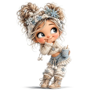 May include: A cartoon character with messy blonde hair in two buns, wearing a cream-colored fuzzy sweater, blue ruffled pants, and tan lace-up boots. The character has a snowflake headband, holds a blue mug with a snowflake, and has a shy expression.