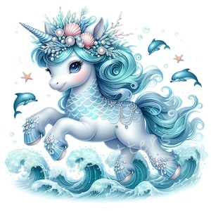 Clipart licorne dauphin, 10 JPG animaux mignons, haute qualité 300 DPI, animaux aquarelles, animaux à imprimer bébé licorne, fantastique, fantaisiste