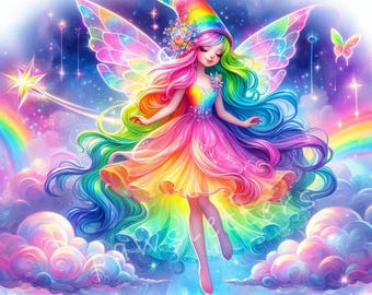 May include: A rainbow fairy with sparkling wings and long, flowing hair flies through the clouds. She wears a rainbow dress and a hat with a flower crown. The background is a starry sky with a rainbow.